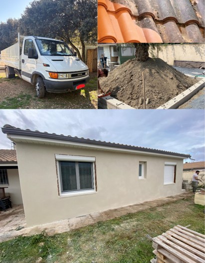 "Collage de quatre photos montrant un projet de rénovation : un camion utilitaire blanc garé près d’un chantier entouré d’arbres, un gros plan sur des tuiles de toiture anciennes et neuves posées côte à côte, un tas de sable ou ciment devant un arbre avec une aire de travail en cours, et la façade arrière d’une maison récemment rénovée avec des murs lisses, deux fenêtres dont une avec volet roulant et une toiture en tuiles neuves."